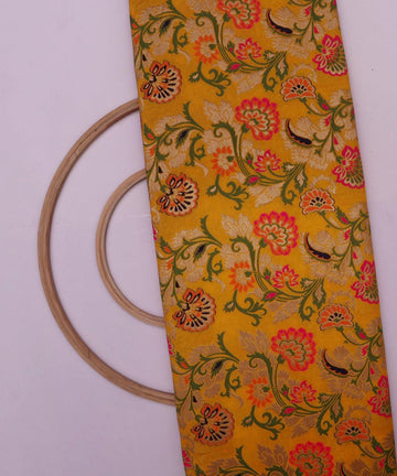 yellow and golden digital floral print pure banarasi brocade silk fabric o146 5653